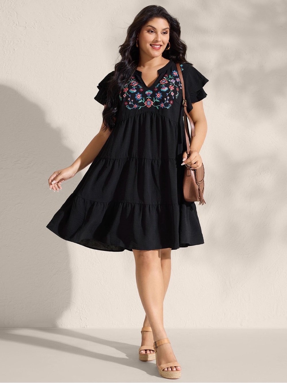 BloomChic Black Midi Dress with Multicolor Floral Embroidery - Picture 2 of 10